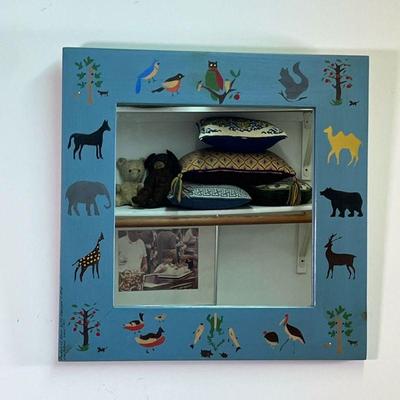 WHIMSICAL PAINTED MIRROR | Cute children's mirror paint decorated with animals, trees, and birds around the frame, inscribed left margin,...