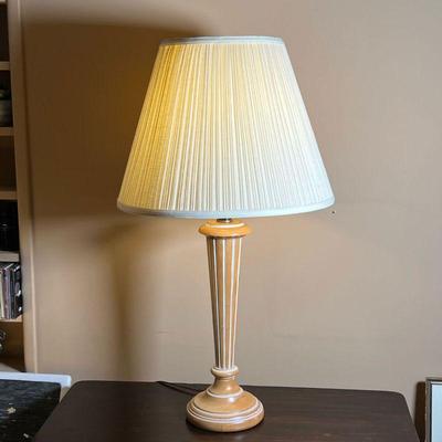 PAINTED WOOD TABLE LAMP | Fluted column table lamp, light wood with white paint, with a pleated shade - overall h. 30 x dia. 17 in.