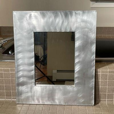 MIRROR / PRESSED BRUSHED METAL FRAME | Small mirror in a wide brushed metal frame with pressed lining indentations - h. 26-1/2 x 22-1/2 in.