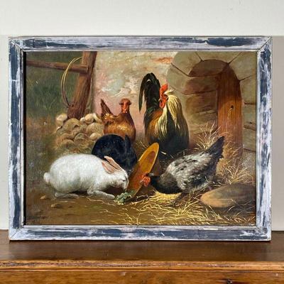 BERNARD ISAAC DURWARD (1817-1902) | Rabbits in a Barnyard Scene
Oil on canvas
Signed and dated 1888 lower left
Showing a black and a...