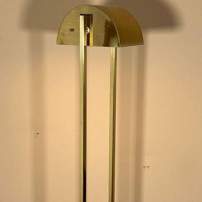 MODERN BRASS FLOOR LAMP | Deco style, semi circle shade on two square column supports attached to a brushed brass rectangular base - h....