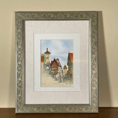 GERMAN TOWNSCAPE PAINTING | Watercolor with gilt paint showing a Tudor townscape, titled and signed, dated 2003 - overall: h. 16 x w. 14...