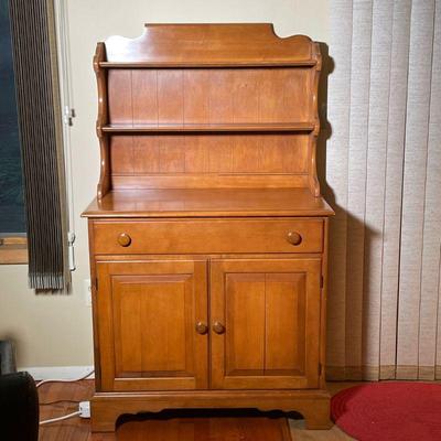WOODEN PLATE CABINET | Small wooden cupboard with two open shelves over a lower section with a full width drawer over two cabinet doors -...