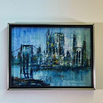 ABSTRACT CITYSCAPE PAINTING | Oil on canvas, cityscape with a bridge at twilight, in overall blue tones, signed indistinctly lower left,...