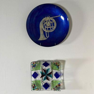 (2pc) DECORATIVE ART GLASS | Including a square dish with cobalt blue and other applied glass, and a cobalt dish with French horn in the...