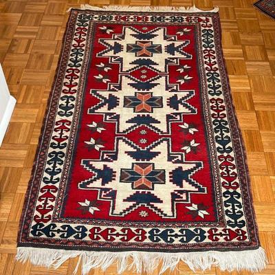 GEOMETRIC AREA RUG | Three medallions on a red ground - 6 ft. 2 in. x 3 ft. 6 in.