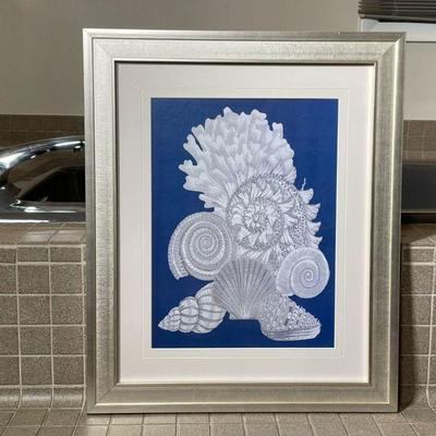 FRAMED CORAL PRINT | Framed print of white coral on blue background - overall h. 23-1/4 x w. 19-1/4 in. (framed)