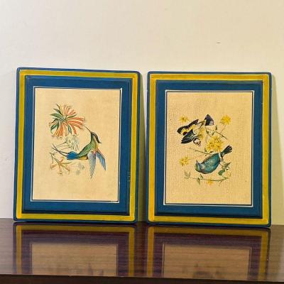 PAIR PAINTED WOOD PLAQUES | A pair of Italian painted wood plaques depicting birds and flowers, marked 