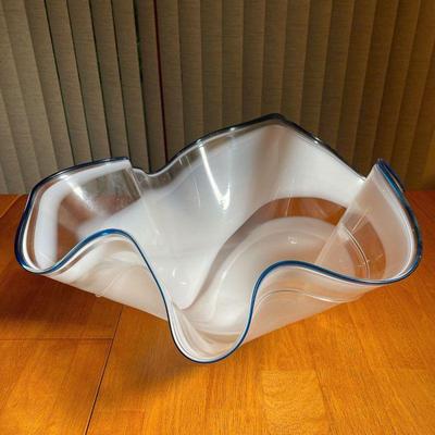 CHIHULY STYLE ART GLASS BOWL | Milky free-form art glass bowl with a cobalt blue rim, signed 