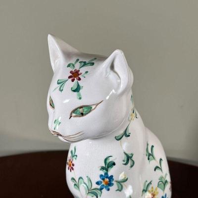 FLORAL PORCELAIN CAT | White floral decorated cat marked 