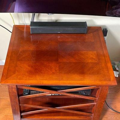 WOODEN SIDE TABLE WITH OPEN SHELVES | Dark wooden side table with cross pattern side frame and contrasting wood top - h. 23 x w. 28 x d....