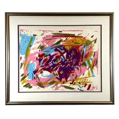 ABSTRACT LITHOGRAPH PRINT | Colorful abstract composition artwork, signed lower right, not visible beneath mat - 26-1/2 x 31 in.