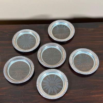(6pc) SET STERLING COASTERS | Glass star coasters with sterling silver liners, by Frank M. Whiting & Co. - dia. 3-3/4 in.