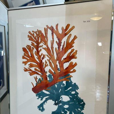 (2pc) CORAL & SEAHORSE PRINTS | Framed print of two blue seahorses paired with orange and blue coral print, in mirrored frames - each...
