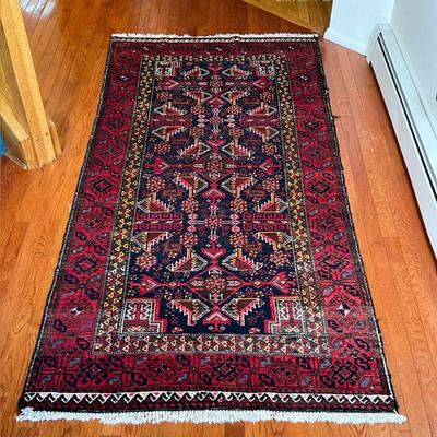 RED AREA CARPET | Long area carpet or a runner for a small corridor, with overall red pattern on a deep indigo field - 7 ft. 5 in. x 3...
