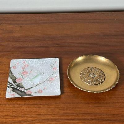 (2pc) DECORATIVE DISHES | Including a brass LeSavoy dish and an enameled square dish showing a bird on a cherry blossom branch (4-3/4 x...