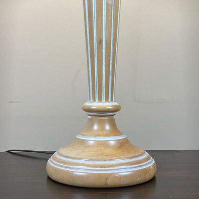 PAINTED WOOD TABLE LAMP | Fluted column table lamp, light wood with white paint, with a pleated shade - overall h. 30 x dia. 17 in.