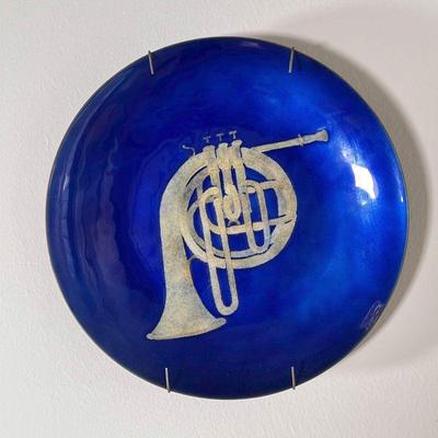(2pc) DECORATIVE ART GLASS | Including a square dish with cobalt blue and other applied glass, and a cobalt dish with French horn in the...