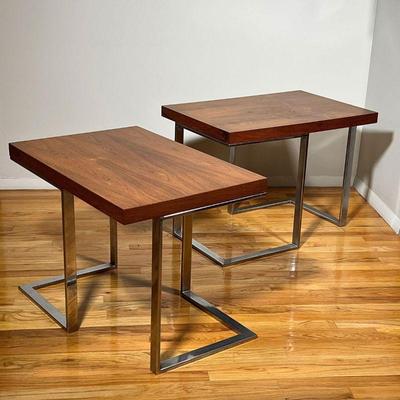 PAIR TEAK & CHROME SIDE TABLES | Mid-century modern end tables, with teak or rosewood veneer tops over chrome open frames, one with Maby...