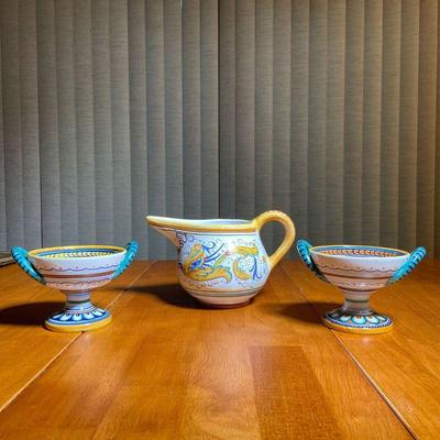 (3pc) G.P. DERUTA ITALIAN PORCELAIN | Including a pair of hand painted footed bowls / compotes made in Italy with flower designs (h....