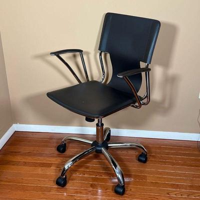CONTEMPORARY DESK CHAIR | Modern style computer armchair, black stitched upholstered seat and connected back rear and matching armrest...