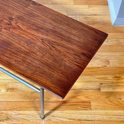 MID-CENTURY FLOATING LOW TABLE | Rosewood veneer over brushed steel frame, mid-century modern coffee table in the manner of Gio ponti,...