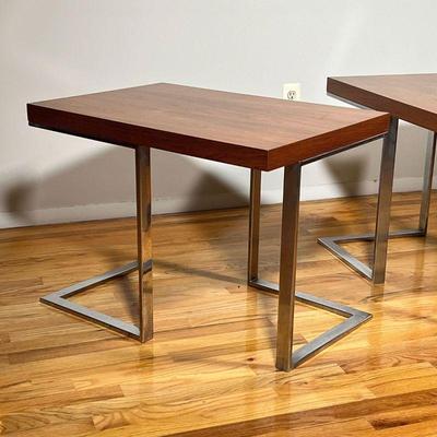 PAIR TEAK & CHROME SIDE TABLES | Mid-century modern end tables, with teak or rosewood veneer tops over chrome open frames, one with Maby...