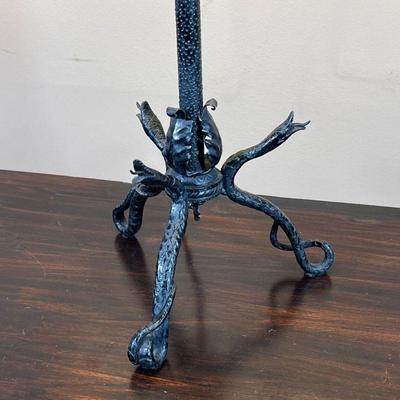 IRONWORK TABLE LAMP | Unique design, hand-wrought, with snake form tripod base and intricate viney decorations - overall h. 31 x dia. 17 in.