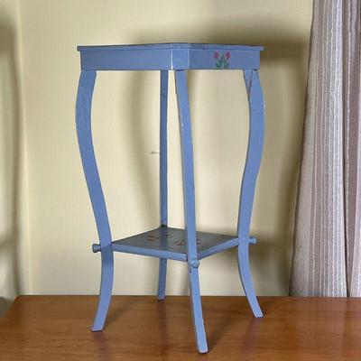 SMALL PAINTED BEDSIDE TABLE | Children's side table, with overall blue paint (unpainted top) and with stenciled floral accents - h....
