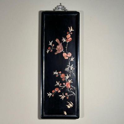 CHINESE APPLIQUÃ‰ WITH INLAID STONES | A Chinese style appliquÃ© with a floral design of stones - h. 25 x w. 9-1/4 in.