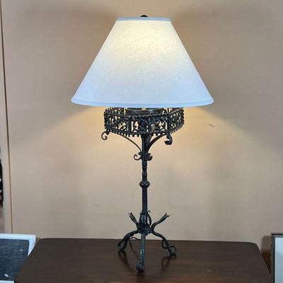 IRONWORK TABLE LAMP | Unique design, hand-wrought, with snake form tripod base and intricate viney decorations - overall h. 31 x dia. 17 in.