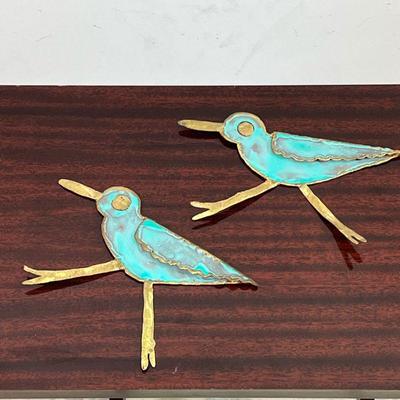 PAIR METAL BIRD DECALS | Handmade painted metal bird wall appliquÃ©s, each signed - h. 6-3/4 x 10-1/4 in. (each)
