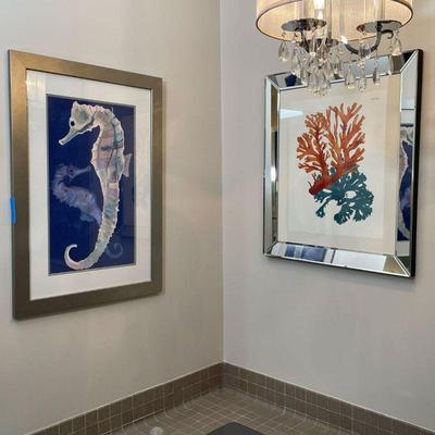 (2pc) CORAL & SEAHORSE PRINTS | Framed print of two blue seahorses paired with orange and blue coral print, in mirrored frames - each...