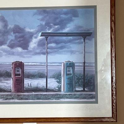 BEACHSIDE PRINT | Reproduction print of a watercolor painting showing a service station near a beach scene, matted and framed - 27 x 40...