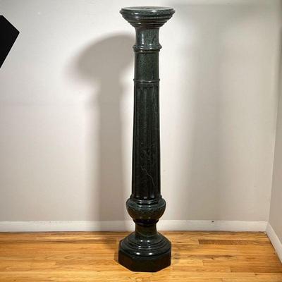 MARBLE DISPLAY COLUMN | Green marble column / pedestal of three-piece construction, the center with fluting; top dia. 9-1/2 inches. -...
