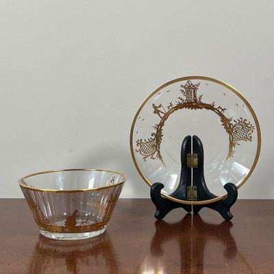 BLOWN GLASS BOWL & SAUCER | Blown glass bowl and matching under plate with gilt silhouette decoration and gilt rims, ribbed sides,...