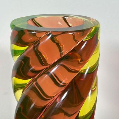 TWISTED ART GLASS VASE | No apparent signature, pink, yellow, and green glass in a twisted cylindrical form