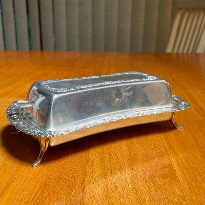 STERLING SILVER BUTTER DISH | Footed sterling silver butter dish with top glass liner, total weighable silver approximately 8 ozt - 7-1/2 in
