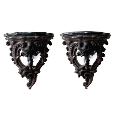 PAIR ROCOCO HANGING SHELVES | Painted ceramic shelves with rococo devices and acanthus leaves - 13 x 13 x 6 1/2 in.