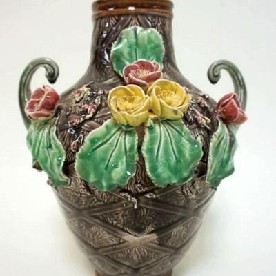 1090	MAJOLICA DOUBLE HANDLED VASE W/RAISED FLOWERS, APPROXIMATELY 10 1/2 IN HIGH
