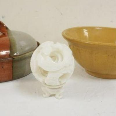 1158	LOT W/YELLOWARE MIXING BOWL, STONEWARE COVERED DISH & ASIAN PUZZLE BALL ON STAND
