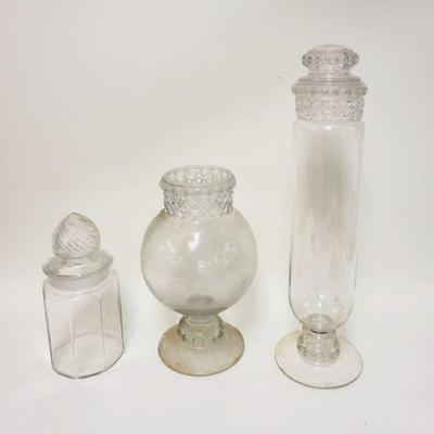 1190	LOT OF 3 ANTIQUE APOTHECARY JARS, ONE MISSING LID, TALLEST IS APPROXIMATELY 24 IN HIGH
