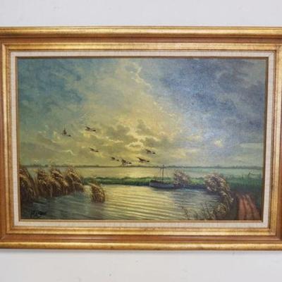 1263	SIGNED OIL PAINTING ON CANVAS, GEESE IN FLIGHT OVER SHORE, APPROXIMATELY 44 IN X 32 IN OVERALL
