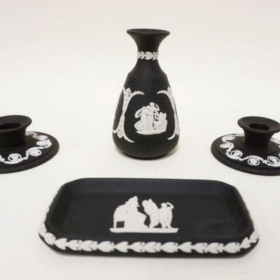 1114	WEDGWOOD ENGLAND BASALT JASPERWARE 4 PIECE LOT INCLUDING 2 CANDLESTICKS, 5 IN VASE & 6 IN X 3 1/4 IN TRAY
