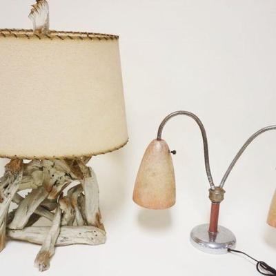 1036	DRIFTWOOD STYLE TABLE LAMP & GOOSENECK LAMPS W/PINK FIBER GLASS SHADES, TALLEST IS APPROXIMATELY 28 IN HIGH
