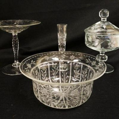 1118	4 PIECE GROUP OF FINE WHEEL CUT GLASS INCLUDING TAZZA, COVERED COMPOTE W/CUT GLASS FINIAL, BOWL & VASE, LARGEST IS APPROXIMATELY 7...