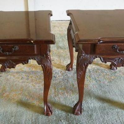 1226	PAIR OF MAHOGANY ONE DRAWER END TABLES W/CABRIOLE LEGS & BALL & CLAW FEET, SOME BRUISING ON TOP, APPROXIMATELY 22 IN X 27 IN X 25 IN...