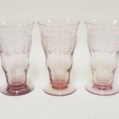 1188	SET OF 7 AMETHYST ETCHED GLASS FOOTED TUMBLERS, 5 1/4 IN HIGH
