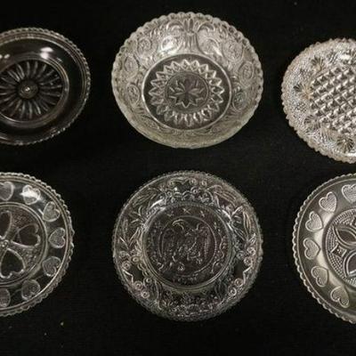 1149	GROUP OF 6 EARLY AMERICAN SANDWICH GLASS, CUP, PLATES & BOWL, SOME WITH RIM CHIPS, APPROXIMATELY 3 1/2 IN

