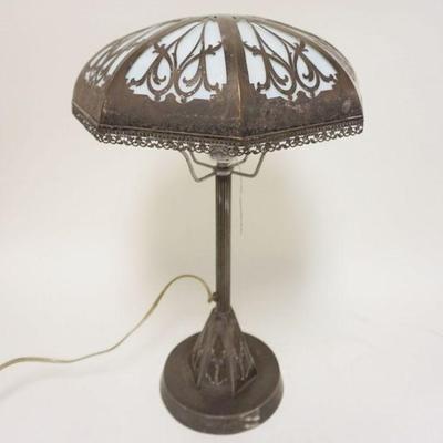 1138	OPALESCENT SLAG GLASS TABLE LAMP W/ORNATE METAL BASE & SHADE, APPROXIMATELY 20 IN HIGH
